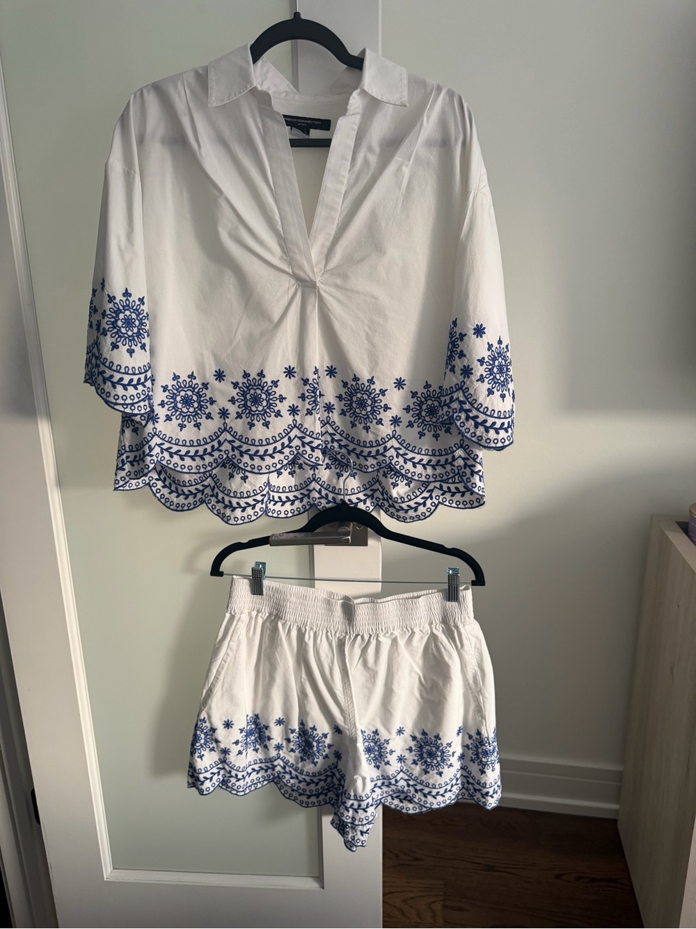 French Connection White and Blue Embroidered Two-Piece Set